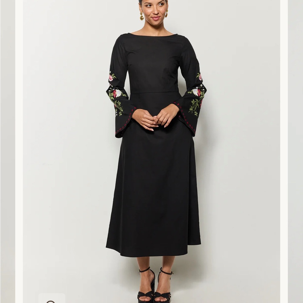 Fanm Mon Yobe Dress Midi Maxi Floral Embroidered Bell Sleeves Black Small NWT - Picture 3 of 15